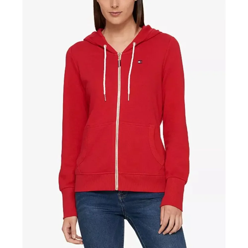 Tommy Hilfiger Womens Hoodie Red Size Medium Zip Up Pullover French Terry Preppy
